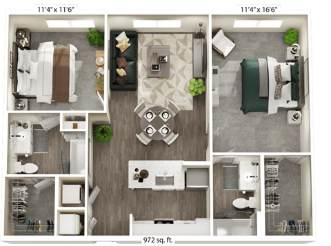A floor plan of a 972 square foot apartment with two bedrooms, a living room, a kitchen, and a bathroom.